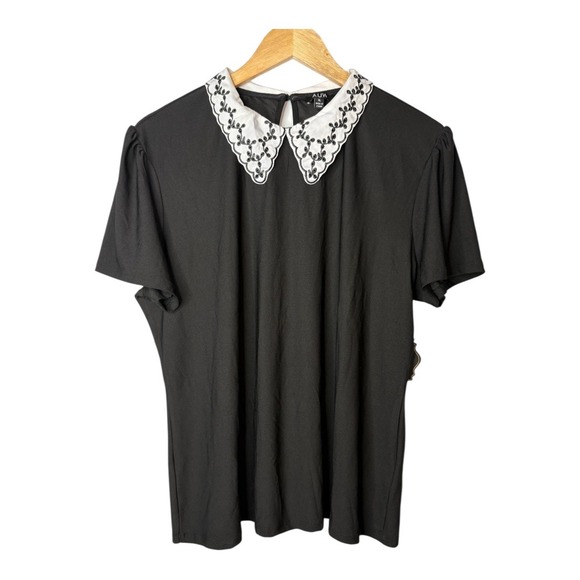 A.U.W. Women XL Black Top Peter Pan Collar Embroidered Short Sleeve Blouse NWT‎ - Picture 10 of 10